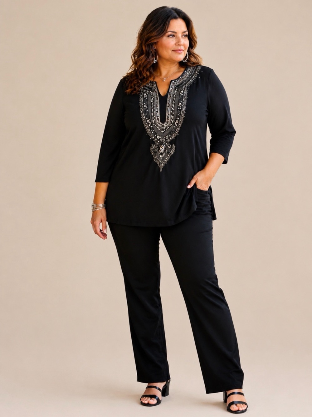 Edúce Black Beaded Tunic Top 2X Boho Embellished Caftan Blouse Flowy Stretch